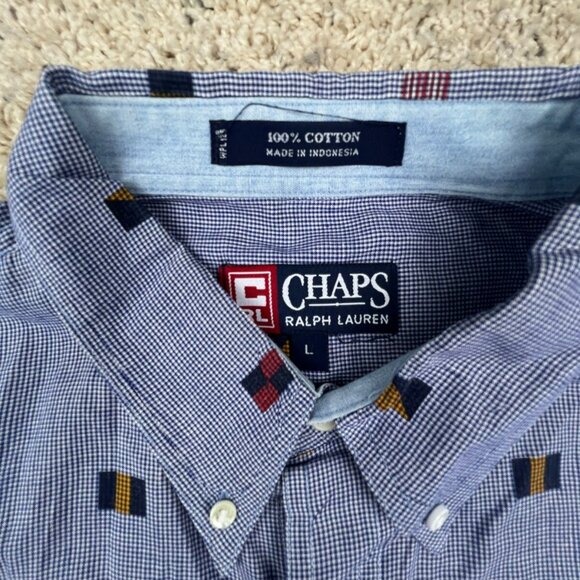 CHAPS Ralph Lauren Shirt Large Blue Check Button Up S/S Travel Countries Flags - Picture 5 of 9